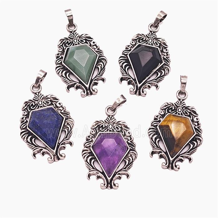 Gemstone Pendant, Antique Silver Plated