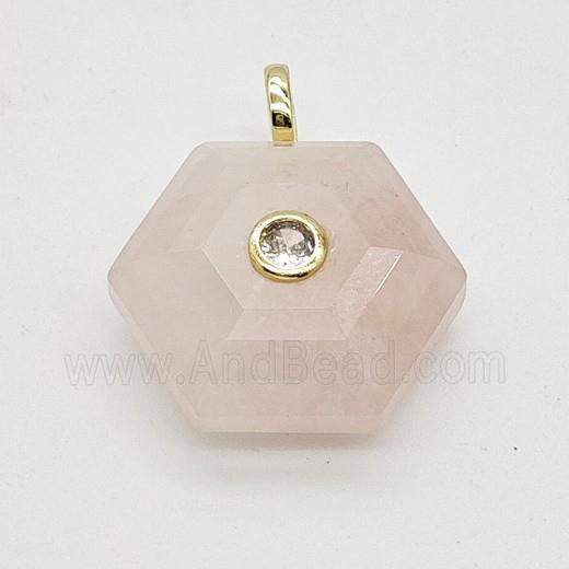 Natural Pink Rose Quartz Hexagon Pendant Pave Zirconia
