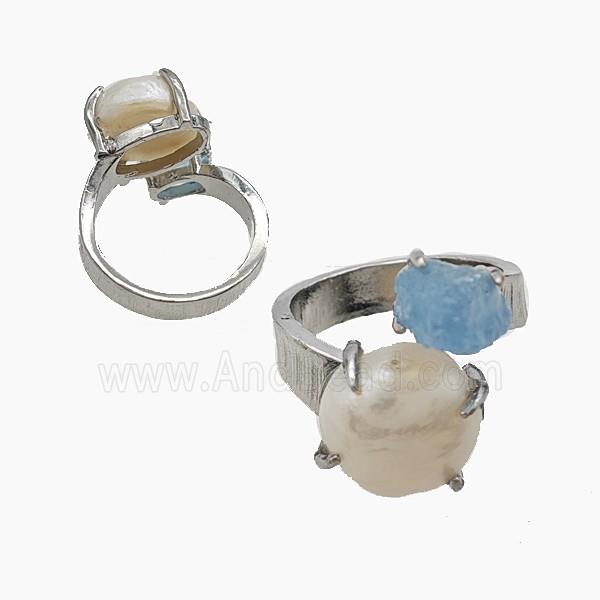 Copper Rings With Pearl Aquamarine Platinum Plated