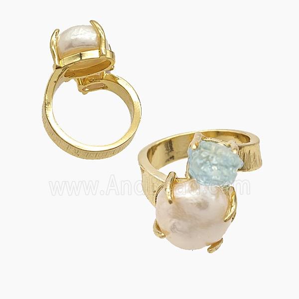 Copper Rings With Pearl Aquamarine Gold Plated