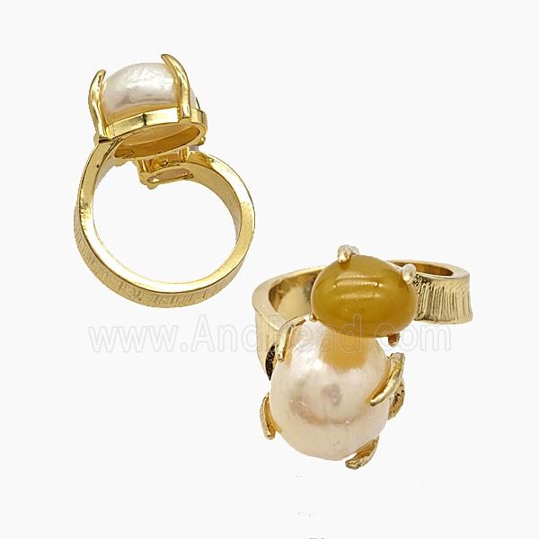 Copper Rings With Pearl Yellow Agate Gold Plated