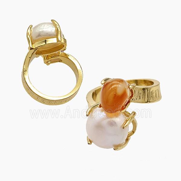 Copper Rings With Pearl Orange Agate Gold Plated
