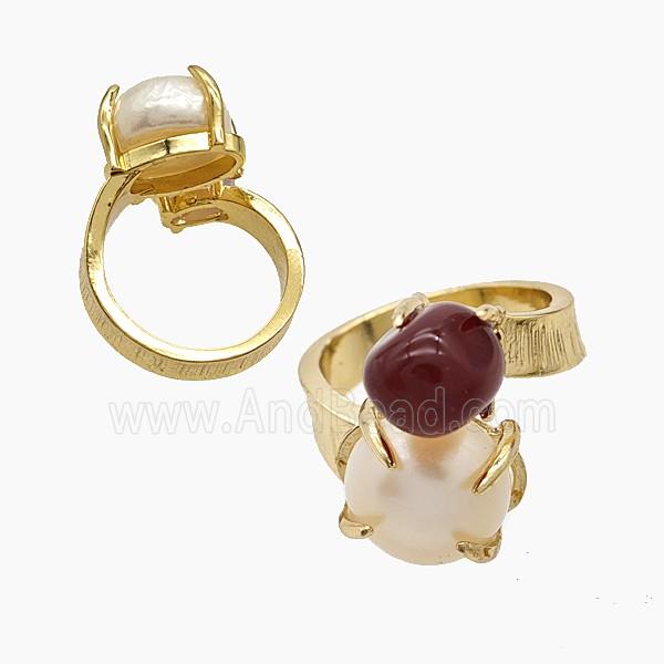 Copper Rings With Pearl Red Agate Gold Plated