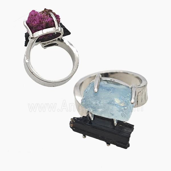 Copper Rings With Black Tourmaline Aquamarine Nugget Platinum Plated