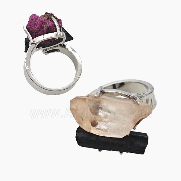 Copper Rings With Black Tourmaline Pink Crystal Quartz Platinum Plated