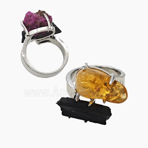 Copper Rings With Black Tourmaline Citrine Platinum Plated