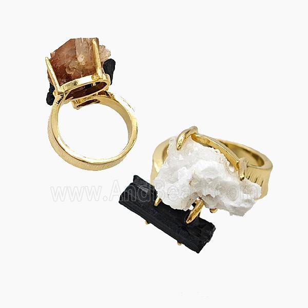 Copper Rings With Black Tourmaline Druzy Gold Plated