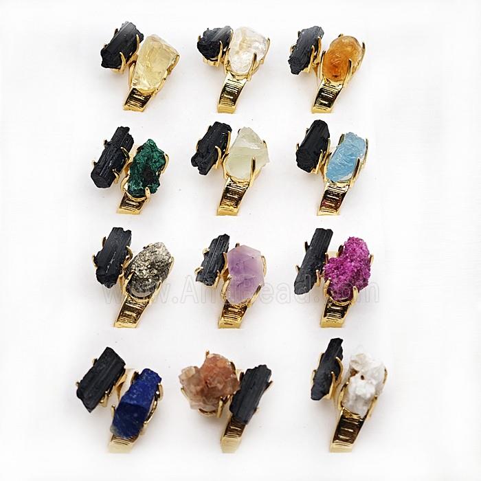 Copper Rings With Gemstone Mineral Gold Plated Mixed