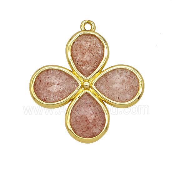 Natural Pink Strawberry Quartz Clover Pendant Gold Plated