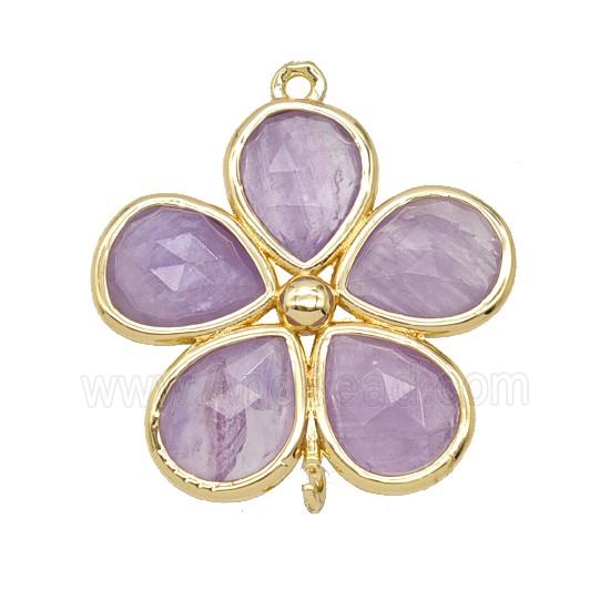 Natural Amethyst Flower Connector Gold Plated Lt.purple
