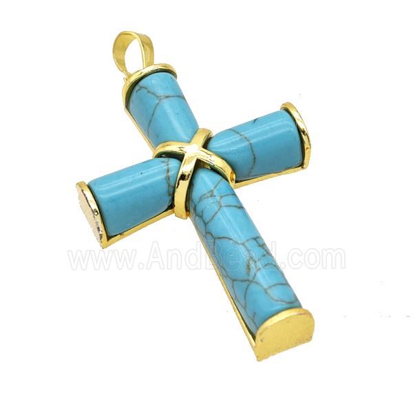 Natural Blue Howlite Turquoise Cross Pendant Alloy Gold Plated