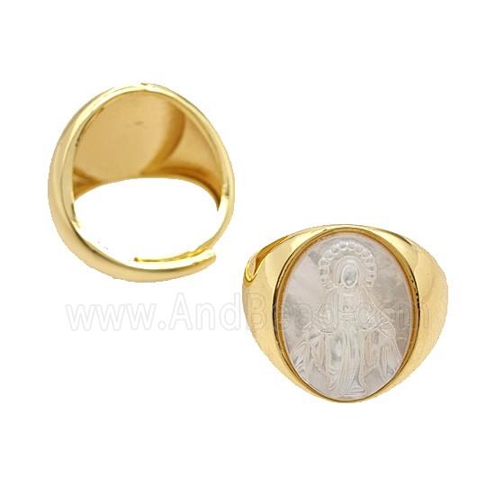 Copper Rings Pave MOP Shell Virgin Mary Adjustable Gold Plated