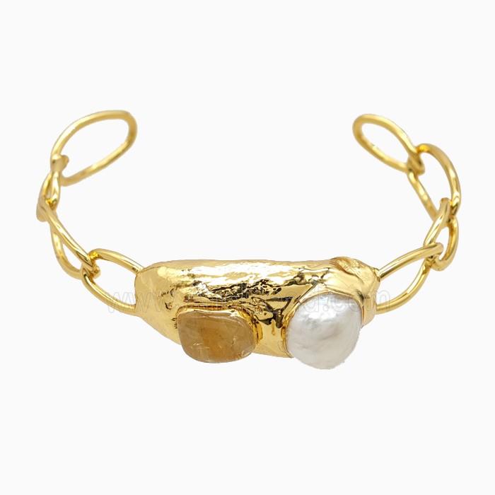 Citrine Pearl Bangle Copper Gold Plated