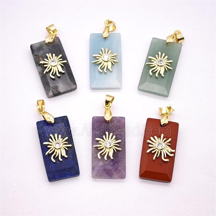 Natural Gemstone Rectangle Pendant With Copper Sun Mixed