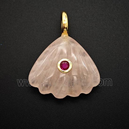Pink Rose Quartz Scallop Shell Pendant Pave Zirconia