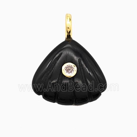 Black Obsidian Scallop Shell Pendant Pave Zirconia