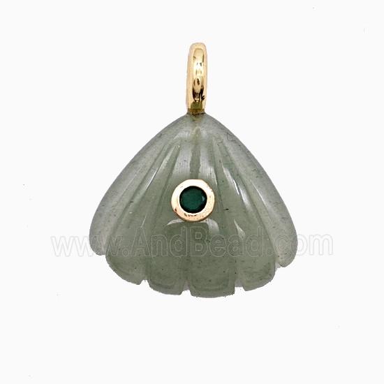 Green Aventurine Scallop Shell Pendant Pave Zirconia