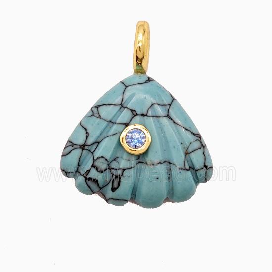Teal Dye Howlite Turquoise Scallop Shell Pendant Pave Zirconia