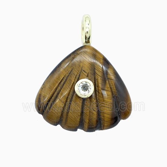 Tiger Eye Stone Scallop Shell Pendant Pave Zirconia