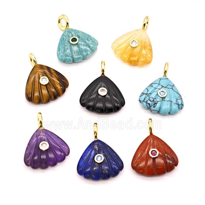 Natural Gemstone Scallop Shell Pendant Pave Zirconia Mixed