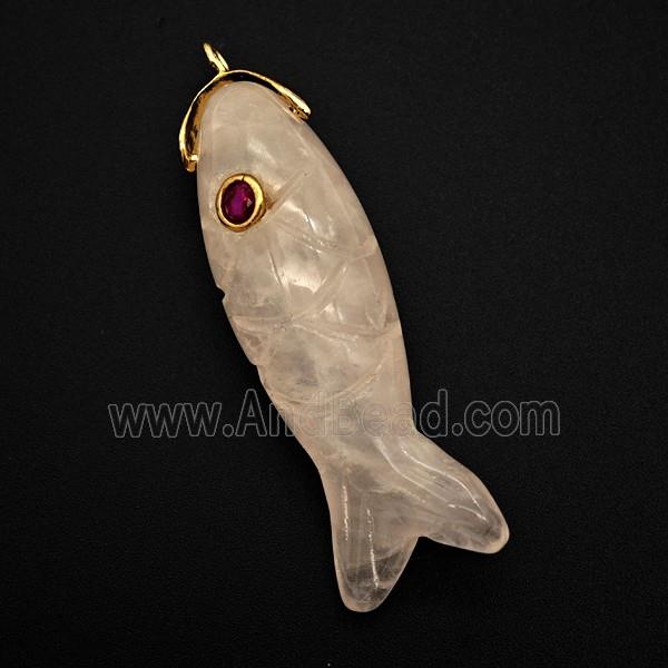 Pink Rose Quartz Fish Pendant Pave Zirconia