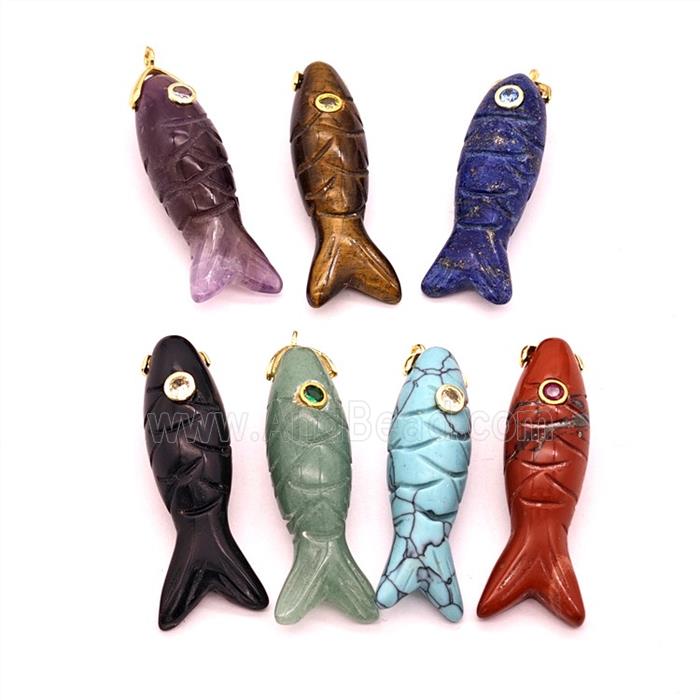 Natural Gemstone Fish Pendant Pave Zirconia Mixed