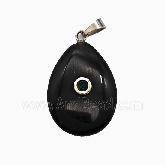 Black Obsidian Teardrop Pendant Pave Zirconia