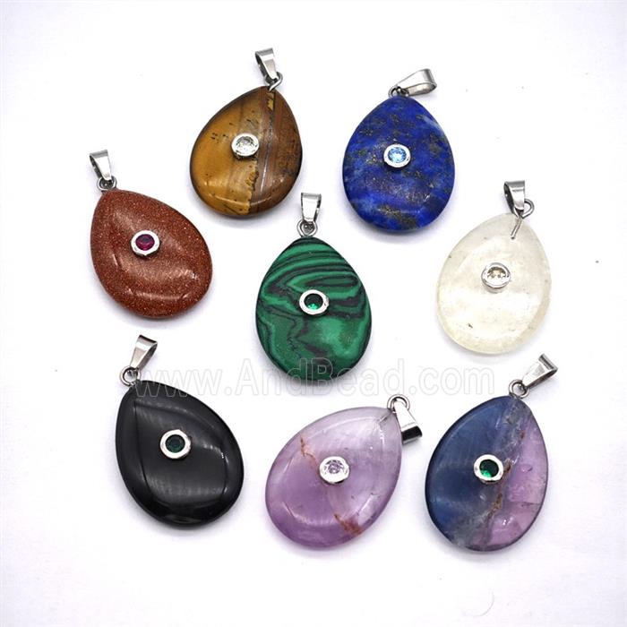 Gemstone Teardrop Pendant Pave Zirconia Flat Mixed