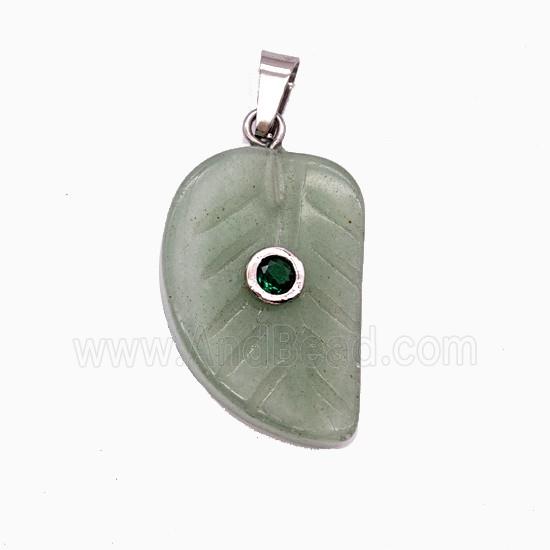 Green Aventurine Leaf Pendant Pave Zirconia