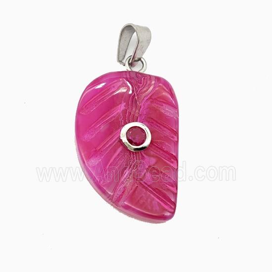 Hotpink Dye Jade Leaf Pendant Pave Zirconia