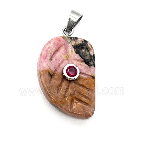 Chinese Rhodonite Leaf Pendant Pave Zirconia