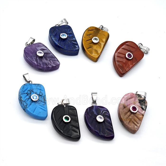 Natural Gemstone Leaf Pendant Pave Zirconia Mixed