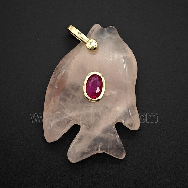 Pink Rose Quartz Fish Pendant Pave Zirconia