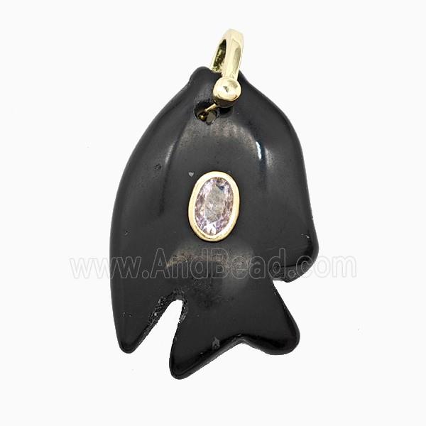Black Obsidian Fish Pendant Pave Zirconia