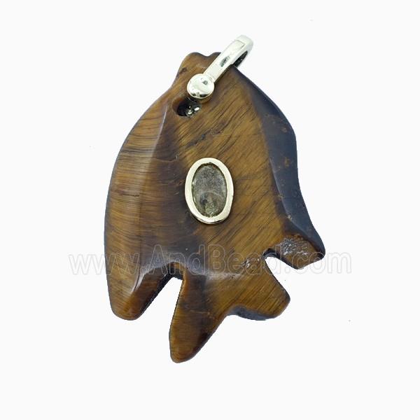 Tiger Eye Stone Fish Pendant Pave Zirconia