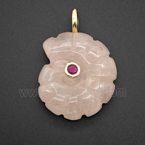 Pink Rose Quartz Spiral Shell Pendant Pave Zirconia