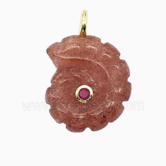 Red Strawberry Quartz Spiral Shell Pendant Pave Zirconia