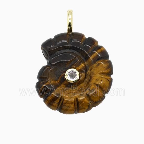 Tiger Eye Stone Spiral Shell Pendant Pave Zirconia