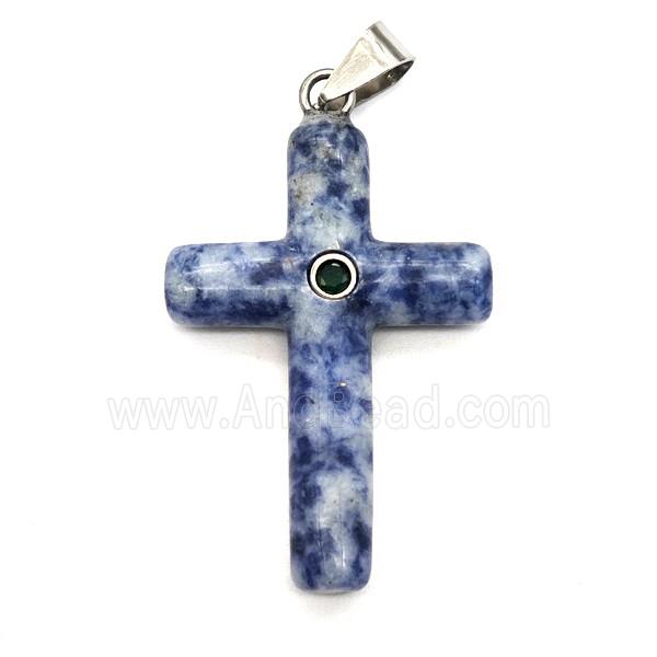 Blue Dalmatian Jasper Cross Pendant Pave Zirconia
