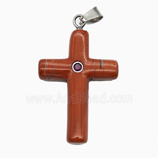 Red Jasper Cross Pendant Pave Zirconia