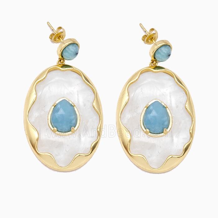 Clear Quartz Oval Stud Earrings Copper Gold Plated