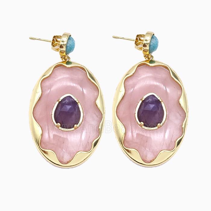 Rose Quartz Oval Stud Earrings Copper Gold Plated