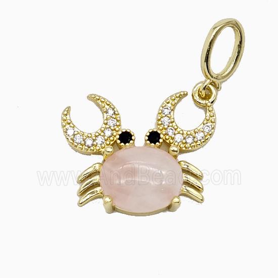Copper Crab Pendant Pave Zirconia Rose Quartz Gold Plated