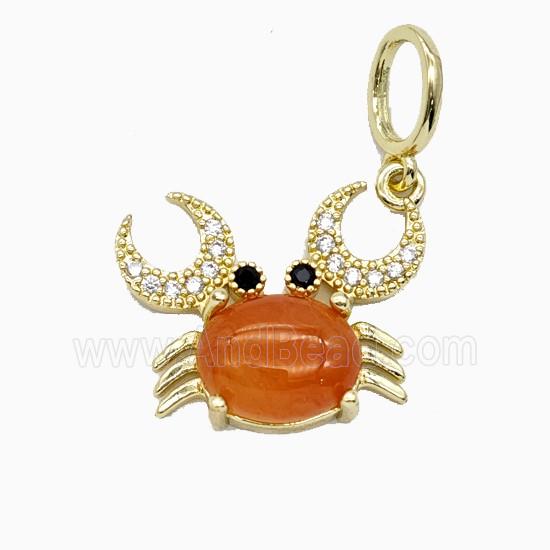 Copper Crab Pendant Pave Zirconia Red Catseye Gold Plated