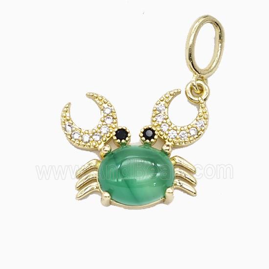 Copper Crab Pendant Pave Zirconia Green Jade Gold Plated