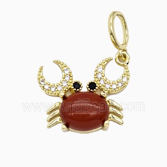 Copper Crab Pendant Pave Zirconia Red Agate Gold Plated