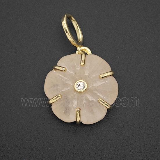 Pink Rose Quartz Flower Pendant Pave Zirconia