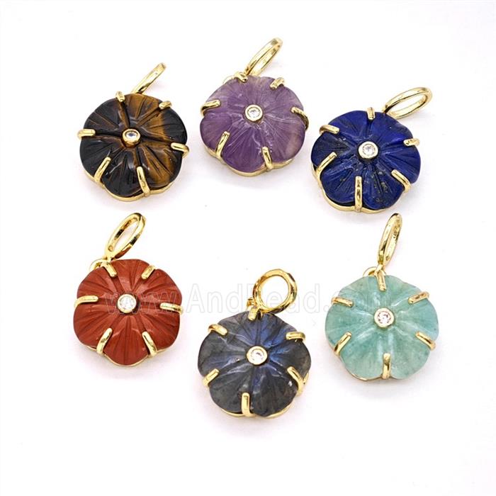 Natural Gemstone Flower Pendant Pave Zirconia Mixed
