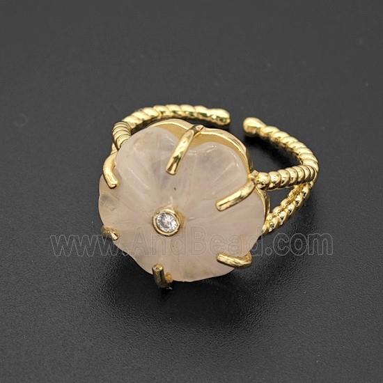 Pink Rose Quartz Flower Rings Pave Zirconia Gold Plated