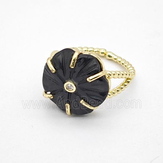 Black Obsidian Flower Rings Pave Zirconia Gold Plated